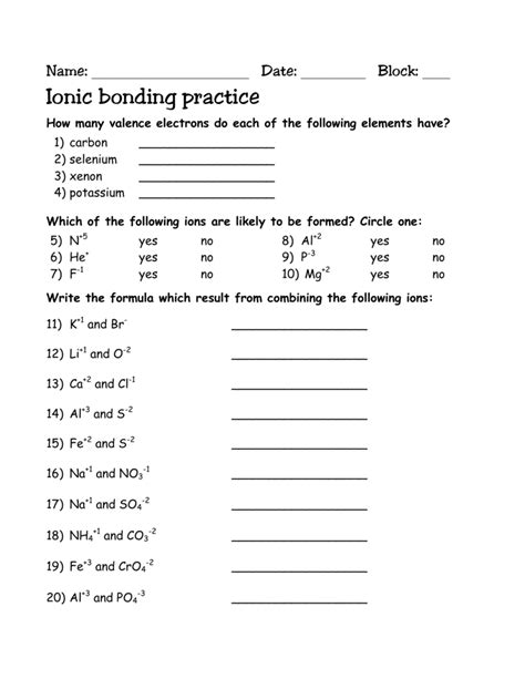 ionic bonds practice worksheet answers